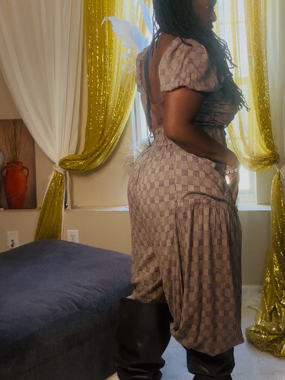 Checkered Puff-Sleeve Jumpsuit in Taupe - Picture 5 of 7